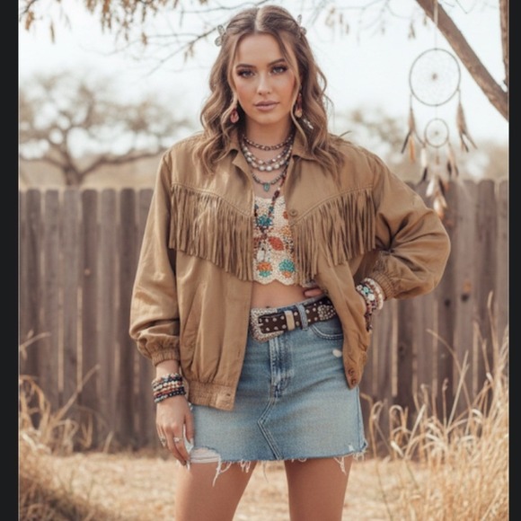 EVR by Rousseau Apparel Group Jackets & Blazers - VTG 100% silk EVR Large Western Fringed Jacket Brown boho cowgirl y2k indie slea